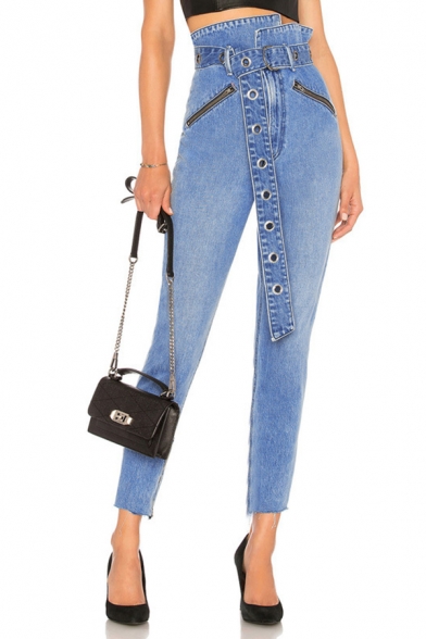 Trendy Street Girls' High Waist Belted Ribbon Zipper Frayed Cuffs Stretchy Ankle Skinny Jeans in Light Blue