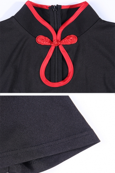 Unique Dragon Embroidery Pattern Hollow Out Front Split Hem Mini Black Cheongsam Dress