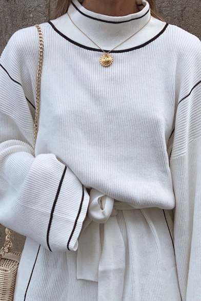 Unique Street Women's Long Sleeve High Neck Contrast Stitch Bow Tied Waist Short Sheath Dress in White