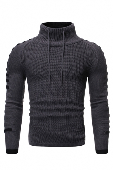 Winter Casual Ribbed Knit  Striped Long Sleeve Drawstring High Neck Slim Fit Pleated Pullover Sweater