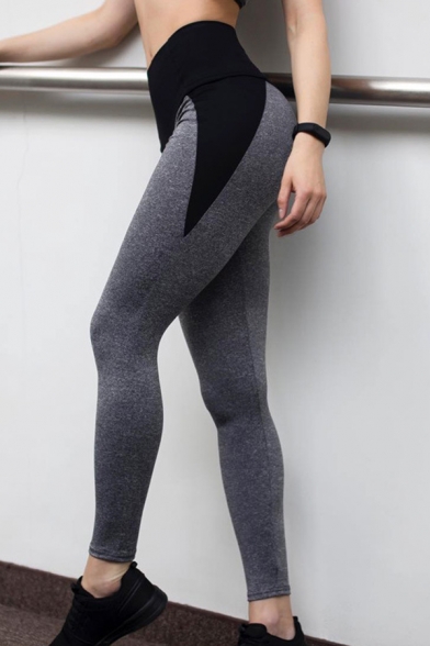 Women's Athletic Style High Waist Contrasted Cotton Stretch Ankle Length Skinny Sport Leggings in Grey