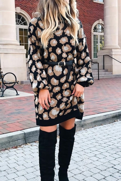 Women's Fashion Pretty Long Sleeve High Neck Leopard Print Belted Knit Short A-Line Sweater Dress in Black