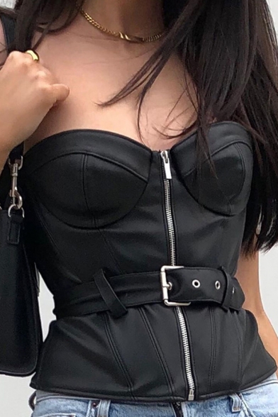Women's Sexy Black Sleeveless Strapless Zip Front Eyelets Buckle Leather Corset