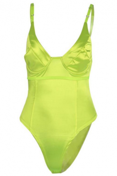 Women's Sexy Tank Top Deep V-Neck Inside-Out Slim Fit Bodysuit in Neon Yellow