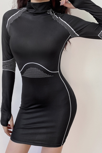 Womens Black Chic Polka Dot Stripe Printed Long Sleeve High Collar Mini Casual Bodycon Dress