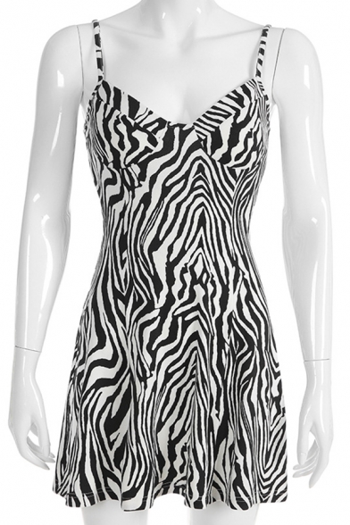 Womens Casual Party Clothing Black and White Zebra Print Mini A-Line Strap Dress