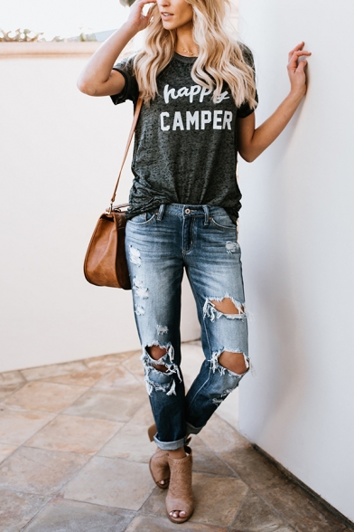 Womens Casual Plain Letter HAPPY CAMPER Print Short Sleeve Loose Gray T-Shirt