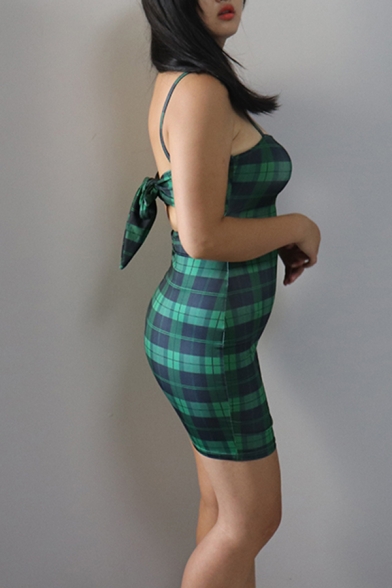 Womens Classic Green Plaid Printed Spaghetti Straps Bowknot Back Mini Party Slip Dress