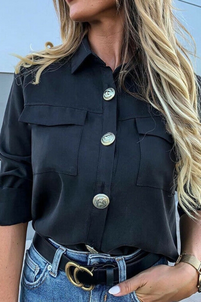 Womens Cool Metal Button Down Epaulets Long Sleeve Flap Pocket Loose Tunic Shirt Top