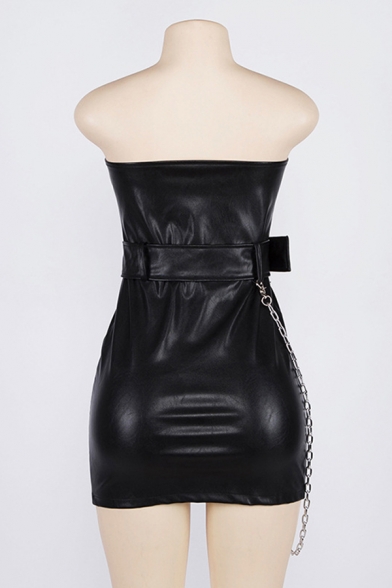 Womens Cool Night Club Wear PU Leather Zip Placket Black Mini Tube Dress with Chain Embellished Belt