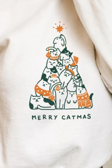 Womens Fancy Cute Cats Letter MERRY CATMAS Printed Long Sleeve Pullover Sweatshirt