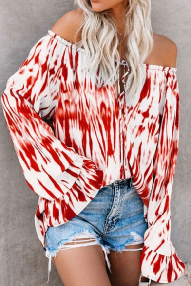 Womens Funny Tie Dye Flared Long Sleeve Tied Off the Shoulder Oversized Chic T-Shirt Top