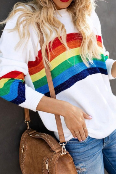 Womens Popular Rainbow Stripes Long Sleeve Round Neck Loose Fit White Sweatshirt