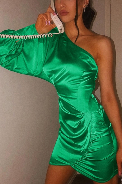 Womens Popular Slash Neck Single Sleeve Ruched Detail Green Fitted Mini Party Dress