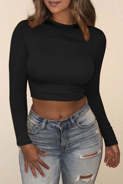 Womens Sexy Long Sleeve Mock Neck Crop Fitted Tee Plain Top
