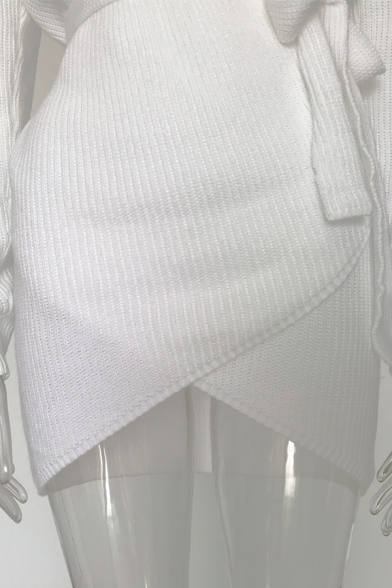 Womens Sexy V-Neck Long Sleeve Tie Waist Plain Oversized Mini Surplice Wrap Dress