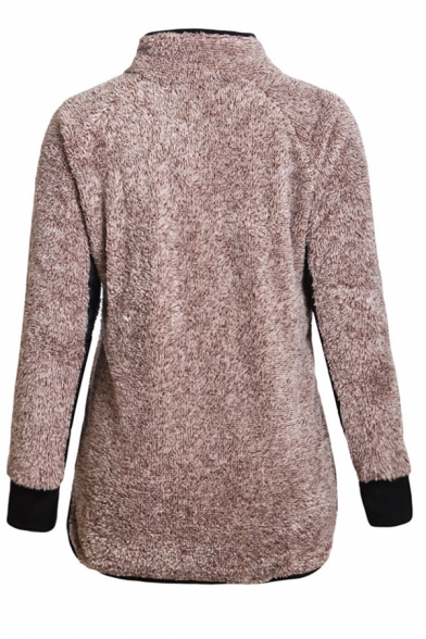 Womens Warm High Collar Oblique Button Down Long Sleeve Sherpa Fleece Casual Sweatshirt with Side Pocket