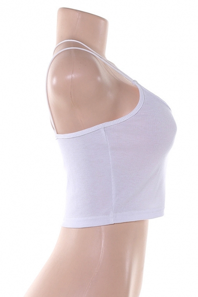 Basic Sexy Sleeveless Strappy Slim Fit Cotton Plain Crop Tank Top for Ladies