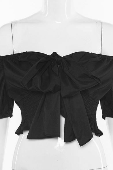 Black Cool Puff Sleeve Halter Bow Tie Front Pleated Slim Fit Crop Top for Club Girls
