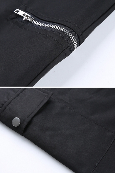 Black Cool Street High Rise Buckle Belt Flat Pocket Zipper Detail Cuffed Ankle Tapered Fit Cargo Pants for Female