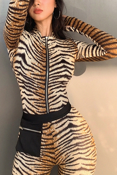 Brown Sexy Street Long Sleeve Deep V-Neck Tiger Printed Zipper Front Long Stretchy Tight Jumpsuit for Women