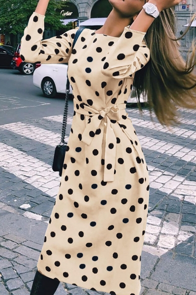 Casual Fashion Polka Dot Printed Round Neck Long Sleeve Tied Waist Midi Dress
