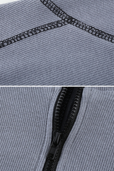 Casual Plain Long Sleeve Deep V-Neck Zipper Down Contrast Pipe Knit Ankle Skinny Bodysuit for Women