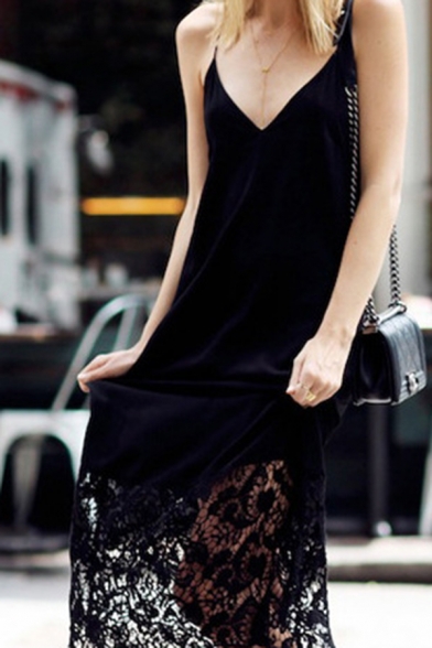 Casual Sexy Ladies' Sleeveless Deep V-Neck Lace Trim Open Back Black Long Swing Cami Dress