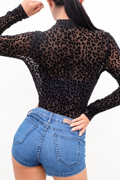 Cool Girls Long Sleeve Mock Neck Leopard Print Semi-Sheer High Cut Black Mesh Slim Bodysuit for Club
