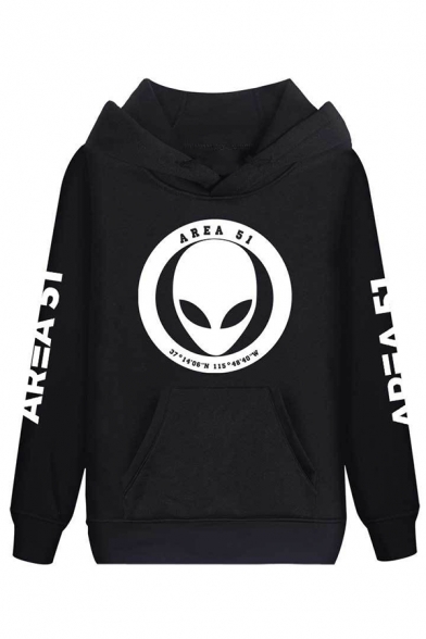 Cool Letter AREA 51 Alien Triangle Skull Printed Long Sleeve Pouch Pocket Drawstring Hoodie