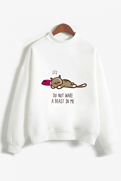 Creative Letter NOT TODAY Cartoon Cat Printed Mock Neck White Loose Pullover Sweatshirt
