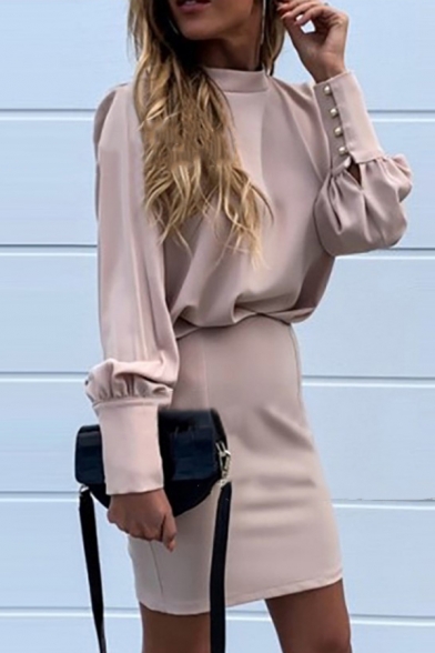 Ecru Elegant Ladies' Long Sleeve Mock Neck Zipper Back Button Mini Tight Dress