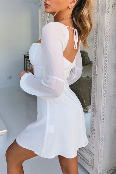 Edgy Girls Popular Solid Color Shirred Front Lantern Long Sleeve Tied Back Mini Sweetheart Dress