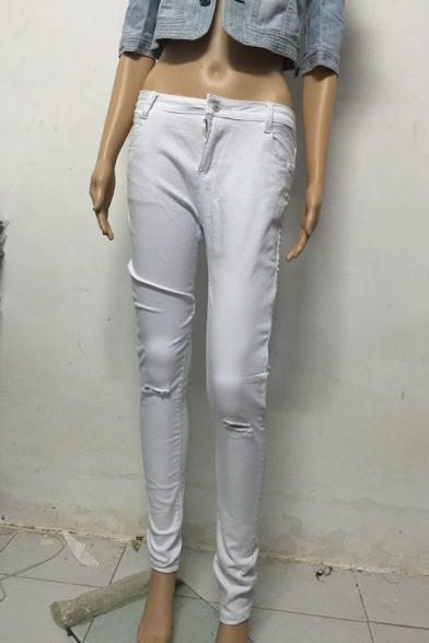 Edgy Looks Mid Rise Destroyed Full Length Plain Skinny Jeans for Women