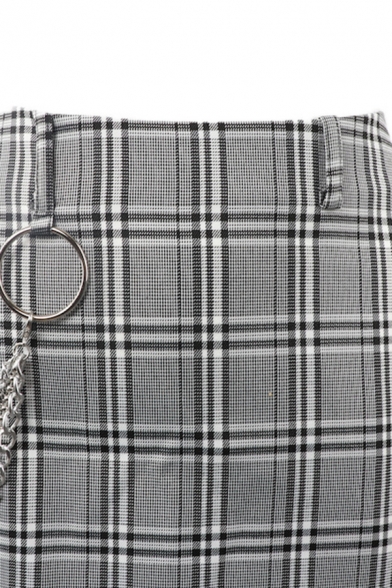 Elegant Ladies' High Waist Zip Back Chain O-Ring Embellished Plaid Print Tight Mini Skirt in Grey