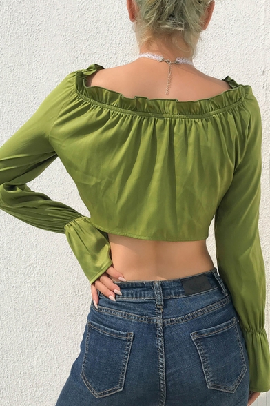 Fancy Trendy Female Bell Sleeve Round Neck Button Down Ruffled Trim Fitted Crop Blouse in Green