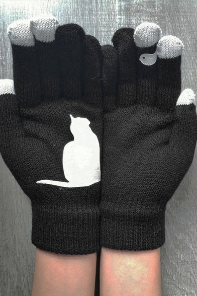 Funny Cat and Bird Pattern Colorblock Warm Knitted Gloves for Winter