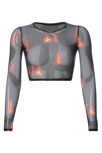 Girls' Hot Black Long Sleeve Crew Neck Flame Printed See-Through Mesh Crop Top for Club