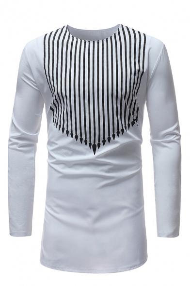 Vertical Stripes Printed Long Sleeve Crew Neck White Longline Fitted T-Shirt