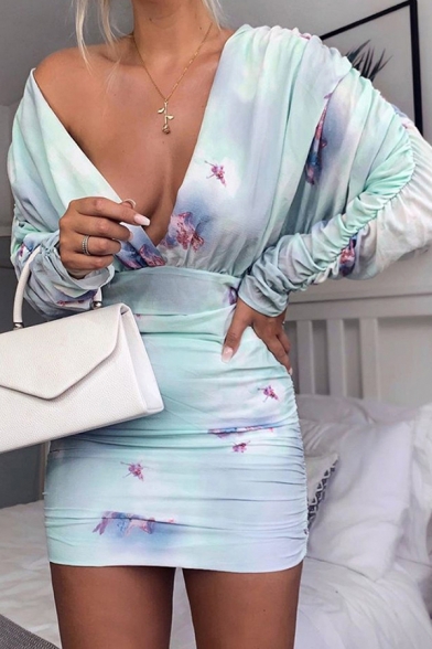 Ladies Chic Blue Angel Printed Long Sleeve Deep V-Neck Ruched Detail Mini Bandage Dress
