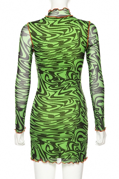 Ladies Creative Patterns Stringy Selvedge Trim Long Sleeve High Collar Green Mini Party Dress