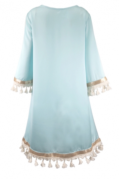 Ladies Ethnic Three-Quarter Sleeve Round Neck Tassels Sequined Plain Short Oversize Boho Swing Dress