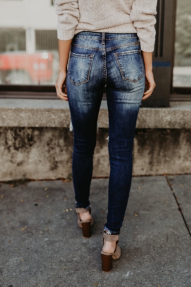 Ladies' Trendy Street Mid Rise Distressed Frayed Trim Ankle Skinny Jeans in Dark Blue