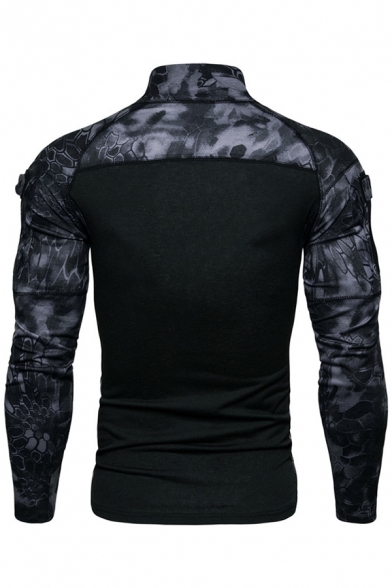 Mens Active Camouflage Patched Long Sleeve Zip Placket Slim Outdoor Fitness T-Shirt