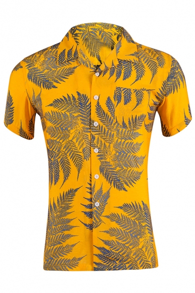 Mens Casual Hawaii Leaf Printed Short Sleeve Button Front Fitted Summer Shirt