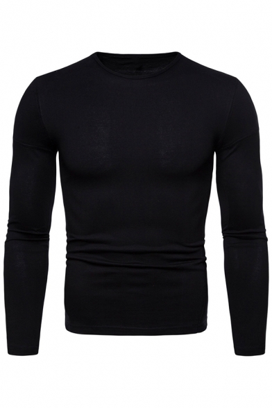 Mens Casual Solid Color Long Sleeve Crew Neck Slim Fit T-Shirt