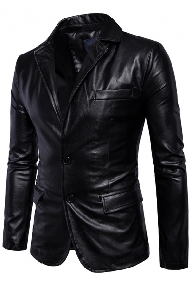Mens Cool Solid Color Long Sleeve Double Buttons Slim Fit PU Leather Suit Blazer