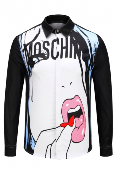 Mens Creative Cartoon Girl and Letter Printed Long Sleeve Button Up Black Shirt