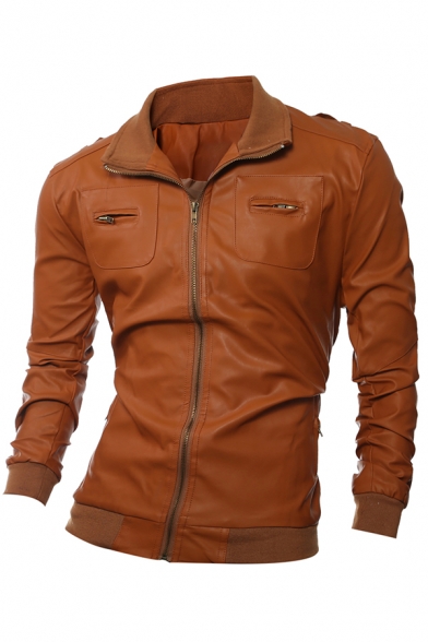 Mens Fashionable Light Brown Zip Placket Long Sleeve PU Leather Fitted Jacket