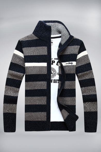 Mens Leisure Color Block Stripes Long Sleeve Zip Placket Fitted Warm Knitted Cardigan Coat